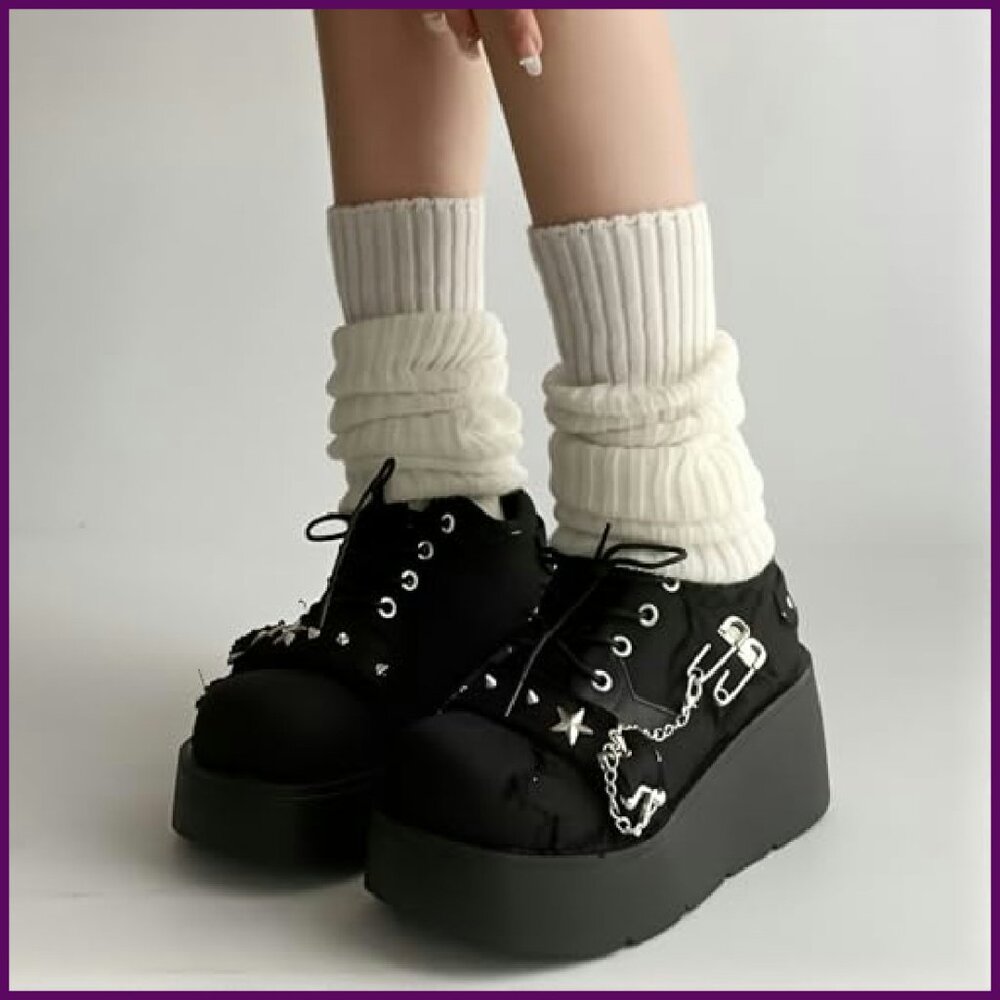 Denim Wedge Platform Ankle Boots Lace Up Chain Gothic Punk Party - Picture 6 of 8